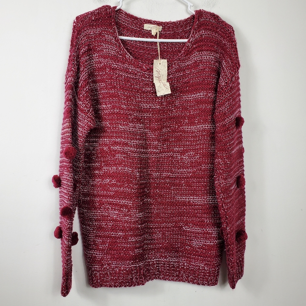 Red Puff Ball Sleeve Tunic Sweater Womens Size S Thick Knit Red & White Pom Pom